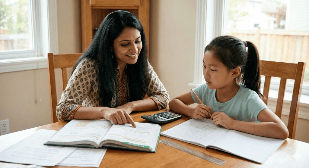 Adult and child engaged in a tutoring session at a wooden table